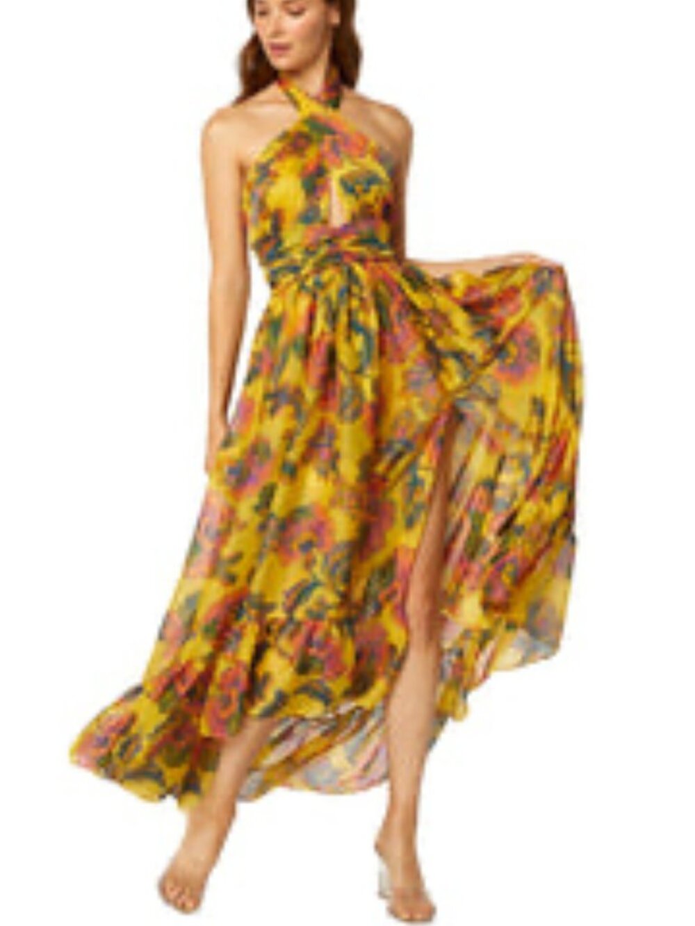 MISA Ilune Yellow Floral High Low Wrap Dress XS